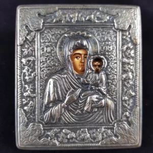RUSSIE - ICÔNE religieuse de voyage en argent 925 – Vierge à l'Enfant