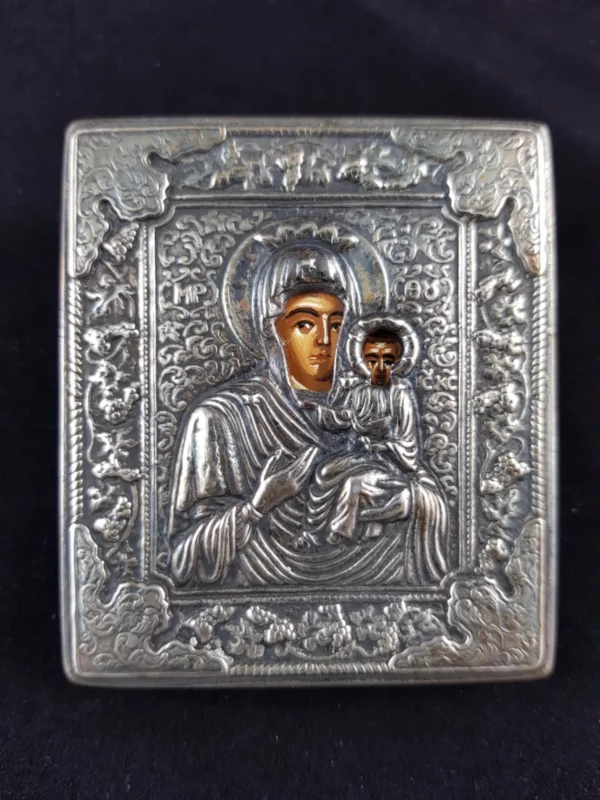 RUSSIE - ICÔNE religieuse de voyage en argent 925 – Vierge à l'Enfant