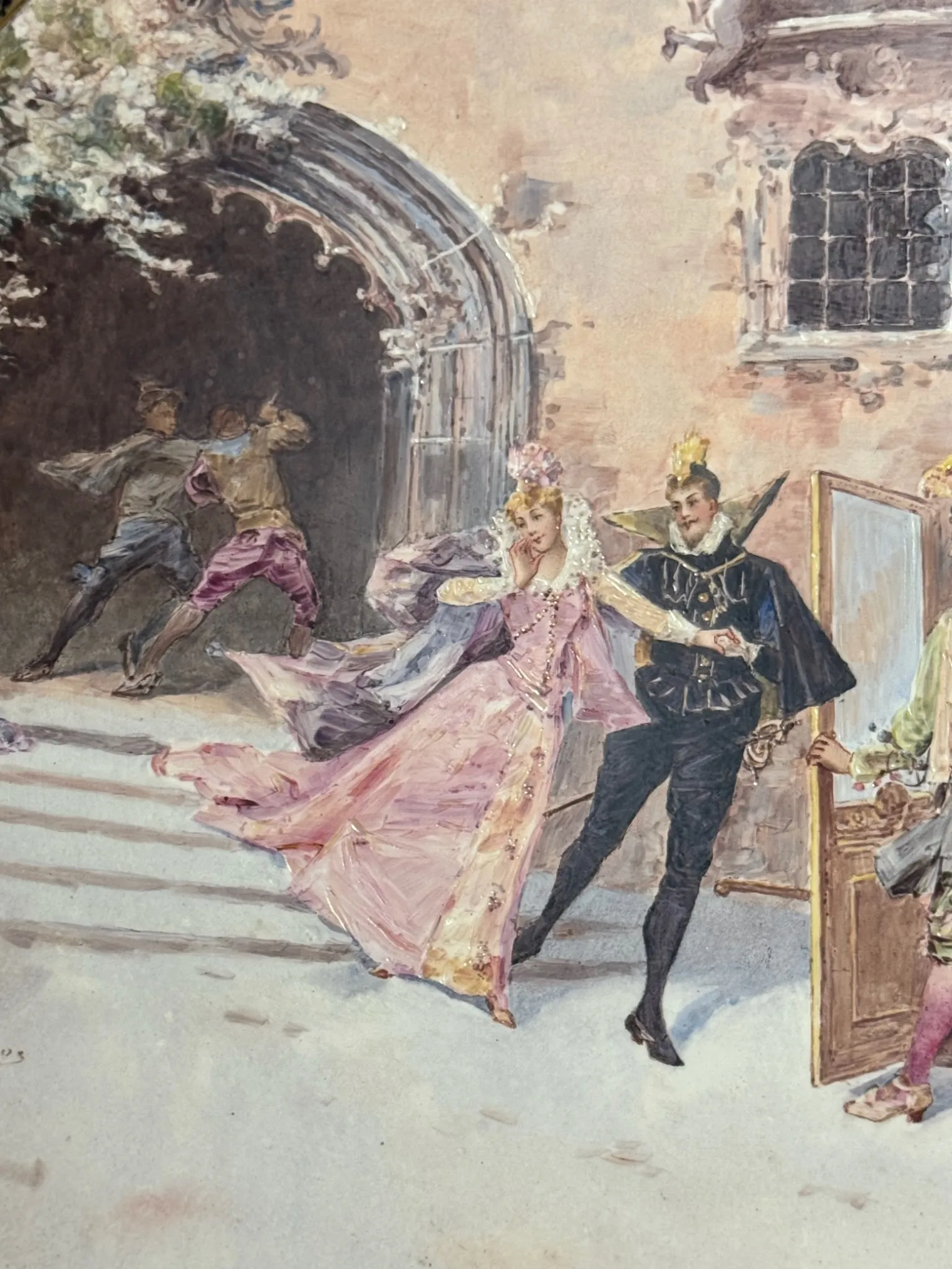 PARIS - Paire d'Assiettes Murales Signées, Scènes Galantes de Cour à la Renaissance – Image 3